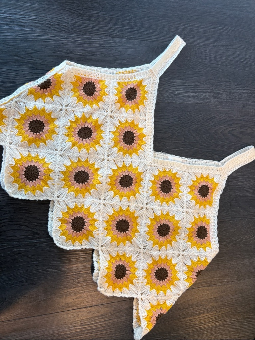 Anthropologie  Crochet Sunflower Crop Top in Cream, Yellow, Brown, Pink